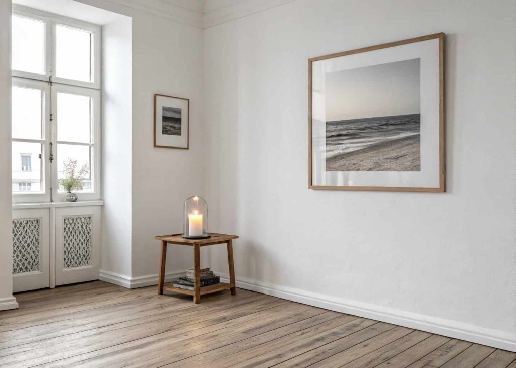 A minimalist room corner with one framed abstract print on a plain white wall, a small wooden side table with just one candle on it, wooden floor visible, lots of open empty space around the items.