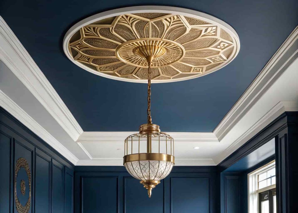 A navy ceiling with a gold Art Deco ceiling medallion and brass pendant light in a Neo Deco dining room