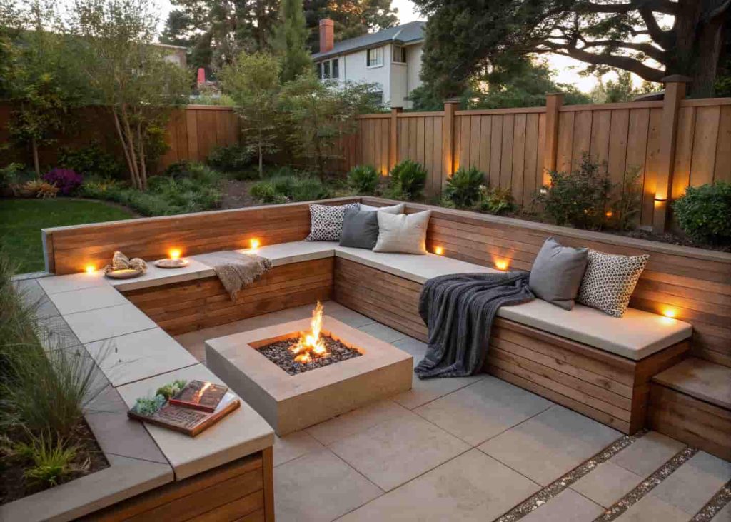 Teak storage benches with open lids revealing blankets around a backyard fire pit, practical and stylish outdoor seating with hidden storage.