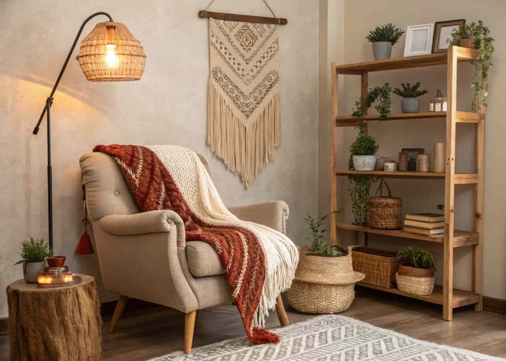 Cozy boho corner with chunky handwoven throw blanket draped over an armchair and woven wall art