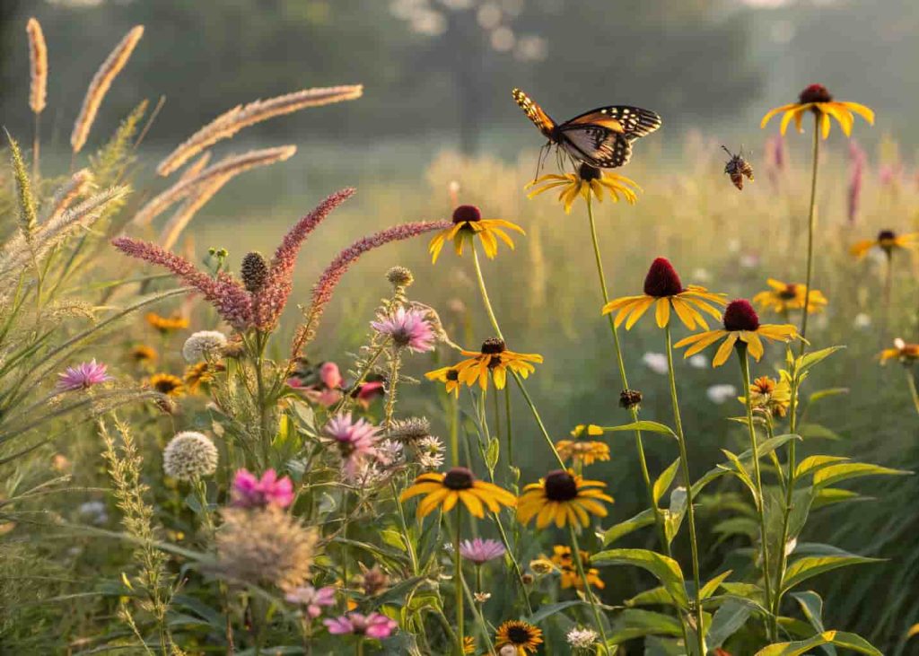 A colorful native plant garden with wildflowers, ornamental grasses, and butterflies in warm golden hour light