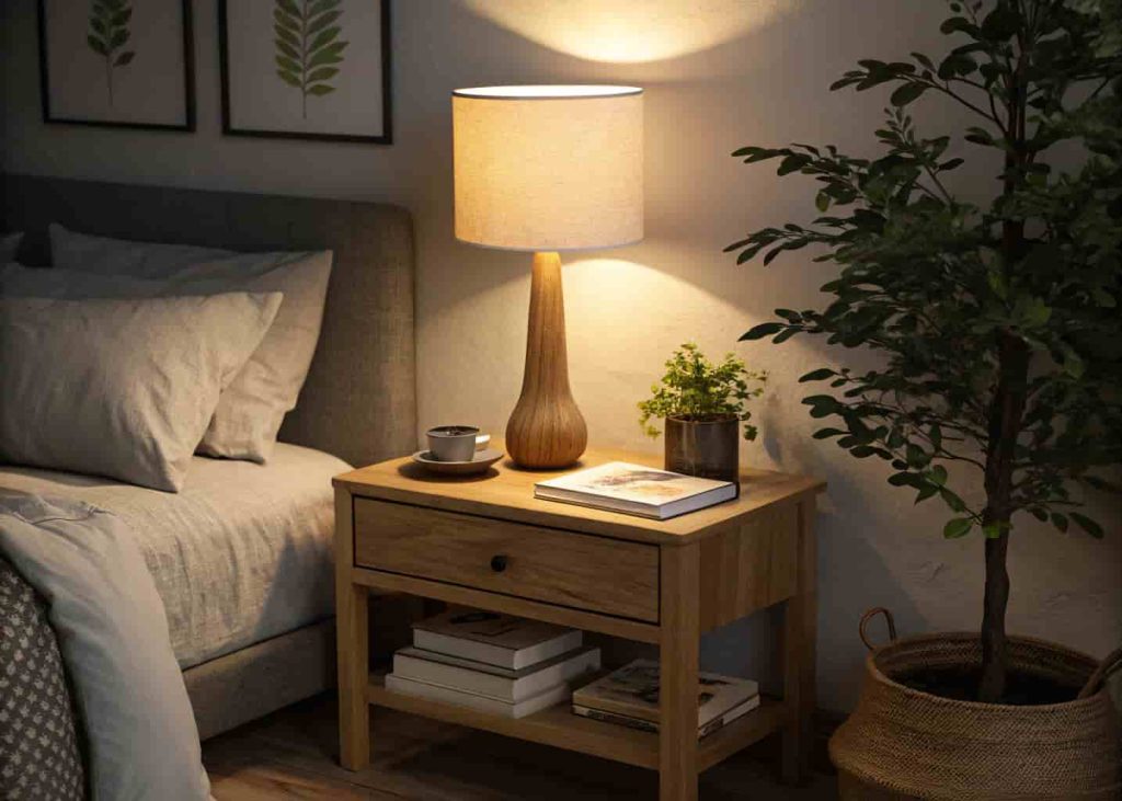 Warm amber table lamp on a wooden minimalist nightstand with a book and small plant in a cozy, dimly lit bedroom.