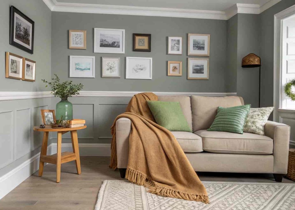 A warm gray living room with camel textiles, white trim, and a gallery wall creating a balanced and cozy atmosphere.