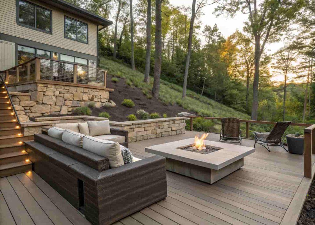 A raised deck built on a sloped hillside with a built-in gas fire pit table and seating area, surrounded by trees and overlooking the yard below.