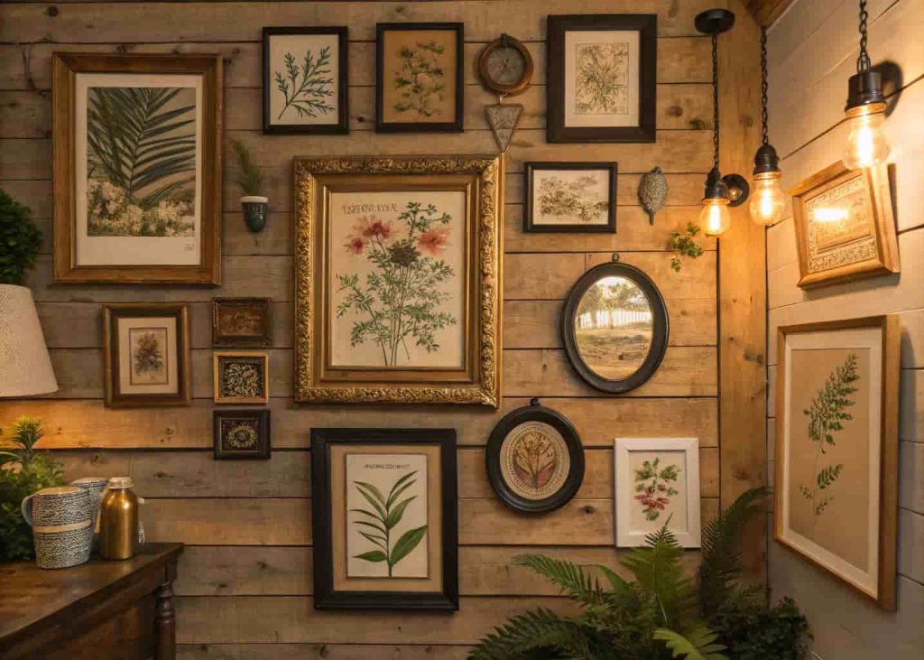 Bohemian gallery wall with an eclectic mix of mismatched frames, artwork, botanical prints, and small decorative mirrors