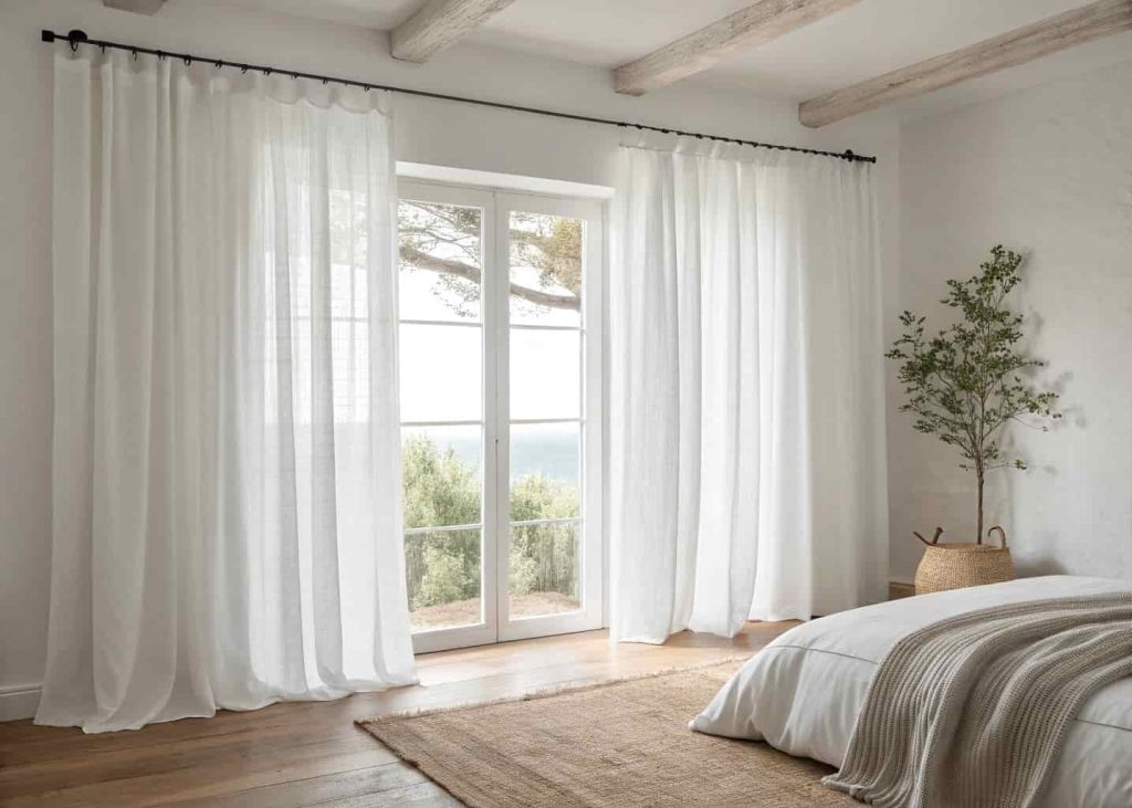 Floor-to-ceiling white linen curtains in a bright minimalist bedroom, curtain rod mounted close to the ceiling, soft natural light filtering through the fabric, simple and airy feel.