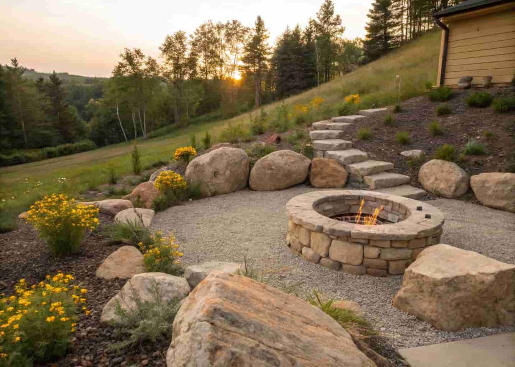 Large natural boulders arranged around a stone fire pit on a sloped backyard, creating a rustic outdoor seating area with gravel ground and wildflowers nearby.