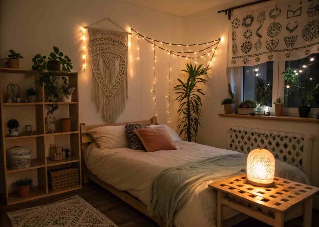 Cozy bohemian bedroom lit by warm fairy lights strung above the bed with a salt lamp glowing on the nightstand