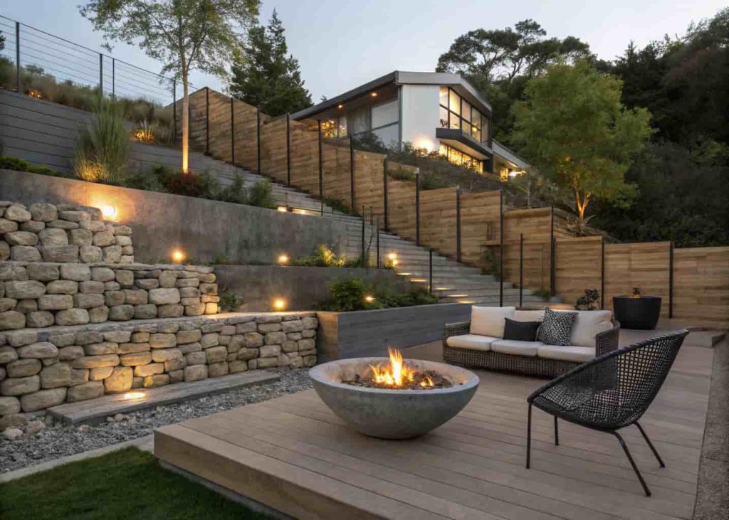 A modern sloped backyard fire pit zone with gabion rock-filled wire retaining walls, a concrete fire bowl, and minimalist furniture under evening lights