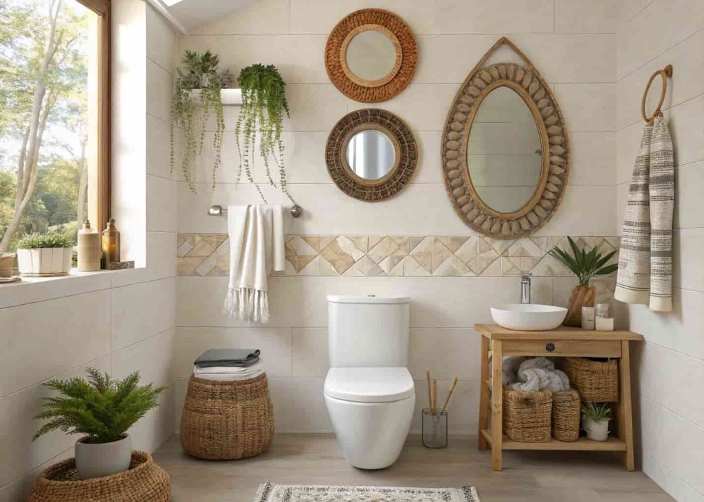 Small collection of mixed boho mirrors on a bathroom wall with plants and woven accessories