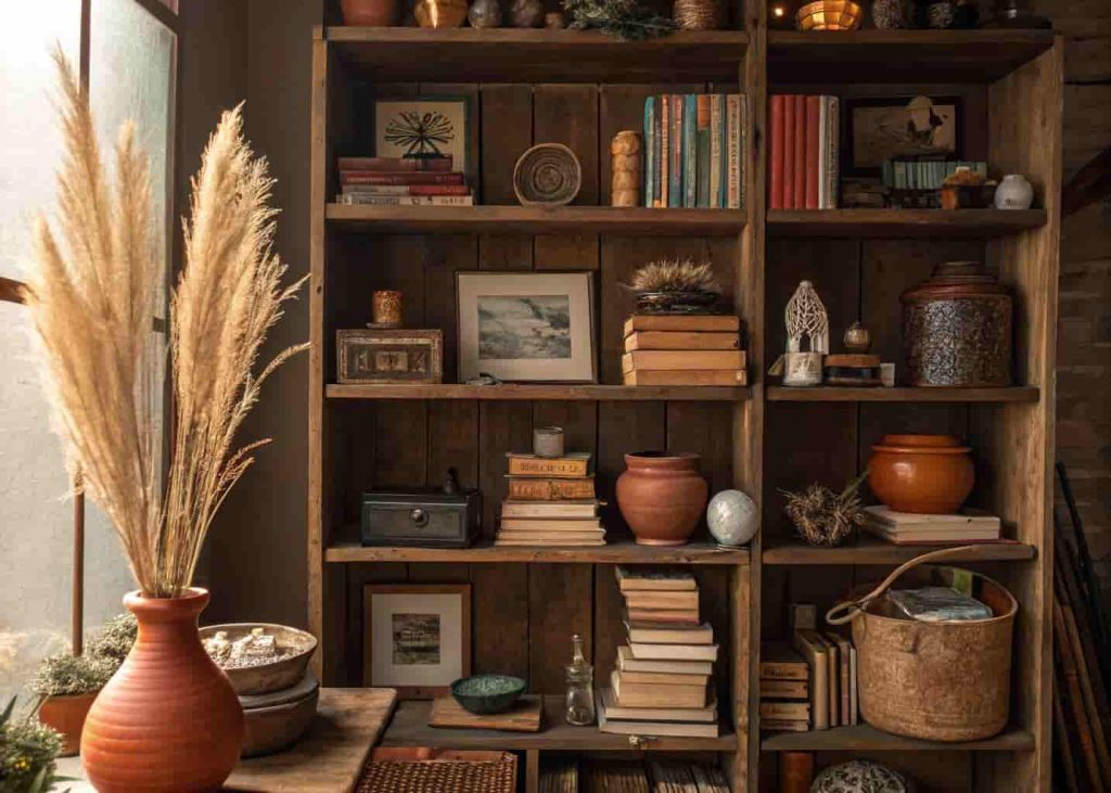 Bohemian open shelves styled with an eclectic mix of books, clay pots, crystals, dried flowers, and personal collectibles