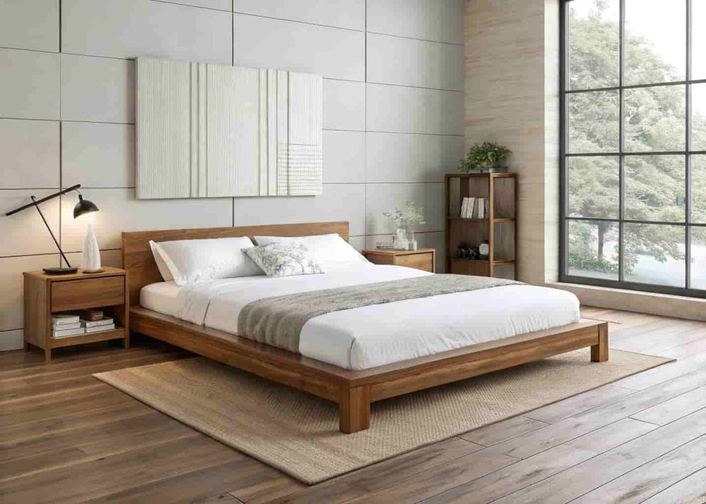 A minimalist bedroom with a low-profile wooden platform bed, clean straight lines, simple white bedding, one slim bedside table with a small lamp, no extra items, natural wood floor.