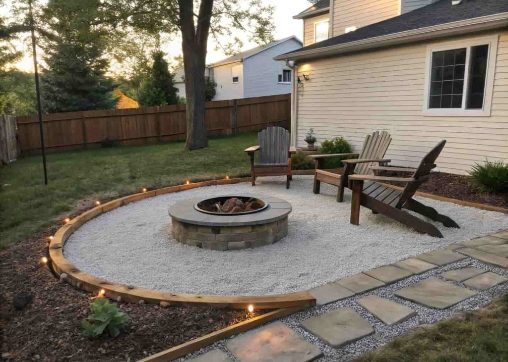 A simple gravel-leveled fire pit area on a gently sloped backyard with a steel fire ring, Adirondack chairs, and garden edging around the perimeter.