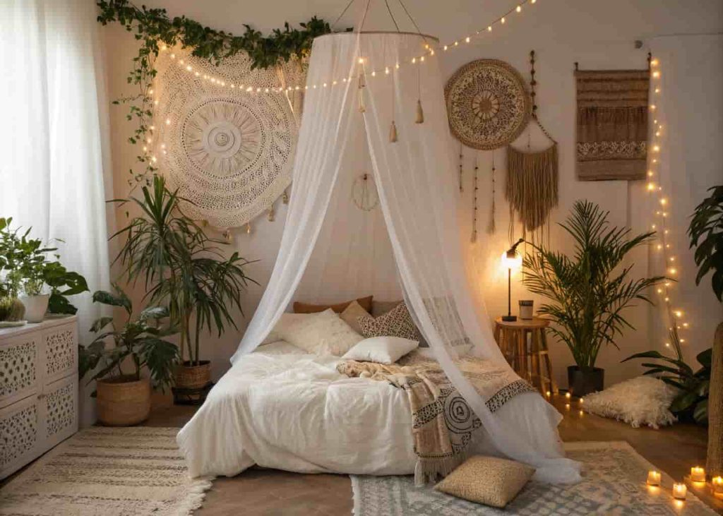 Bohemian bedroom with a dreamy sheer white fabric canopy draped above the bed creating a soft cocoon-like retreat