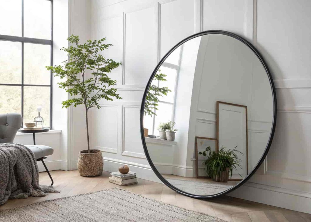 A large round mirror with a thin black metal frame leaning against a white wall in a minimalist living room, reflecting soft natural light and a small plant nearby, clean and stylish composition.