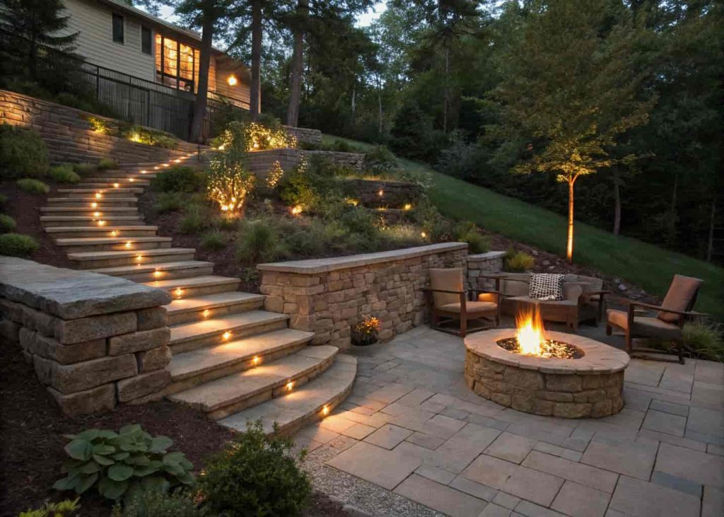 Wide flat stone steps floating down a sloped backyard hillside toward a glowing fire pit seating area at the base, with solar path lights and ground cover plants.