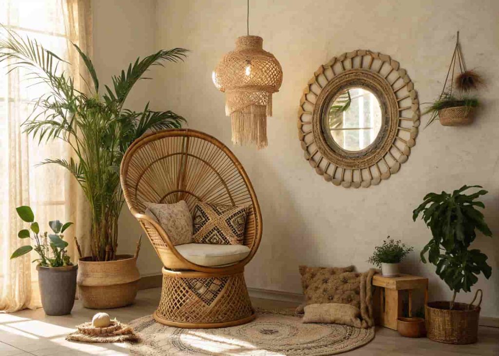 Bohemian room corner styled with a vintage rattan peacock chair, wicker pendant light, and rattan mirror framed by plants
