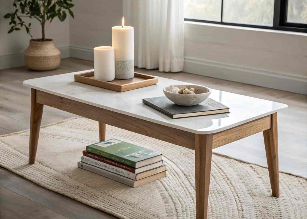 A minimalist coffee table with just a small stack of books, one candle, and a small ceramic dish on top. Clean wooden table surface, neutral rug underneath, empty space around it, calm and tidy atmosphere.