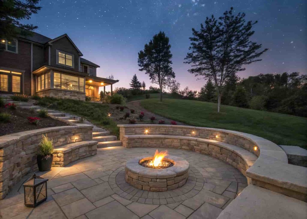 A circular stacked stone fire pit on a cut flat area of a sloped yard, surrounded by low stone seating walls and warm evening lighting.