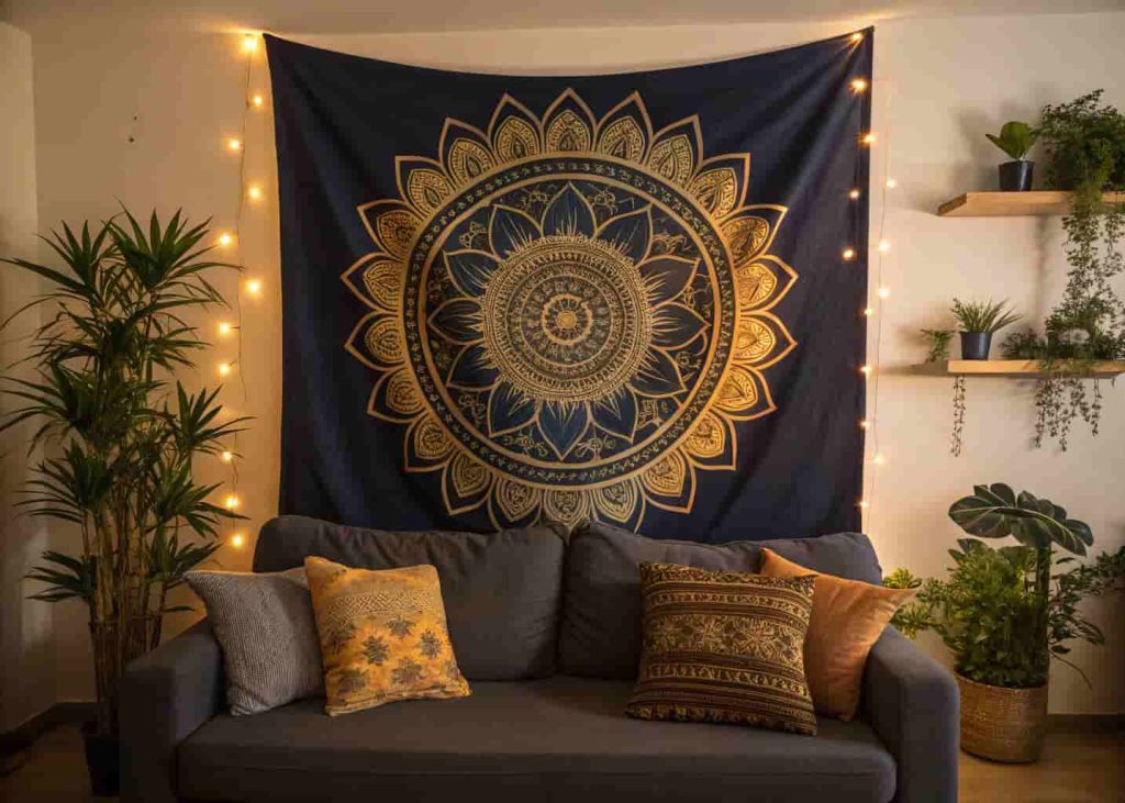 Large mandala tapestry in deep indigo and gold hung above a bohemian sofa with layered cushions and warm lighting
