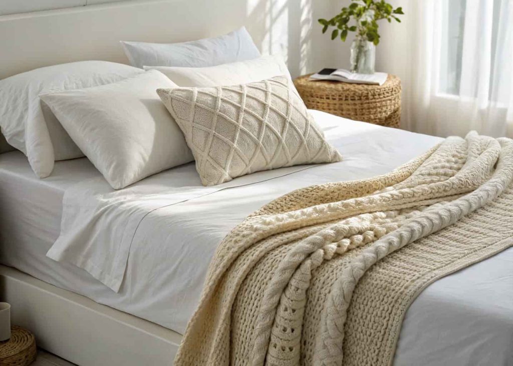 Close-up of a minimalist bed with white linen sheets, a chunky knit cream throw blanket draped over one corner, a soft textured pillow, warm natural light, cozy and inviting feel.