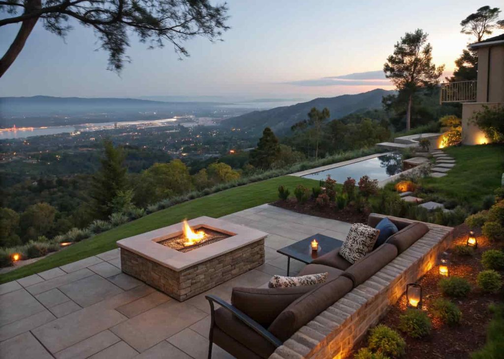 A fire pit lounge on a sloped backyard platform facing a panoramic overlook of city lights or valley below, with a gas fire pit and low-profile seating at twilight.