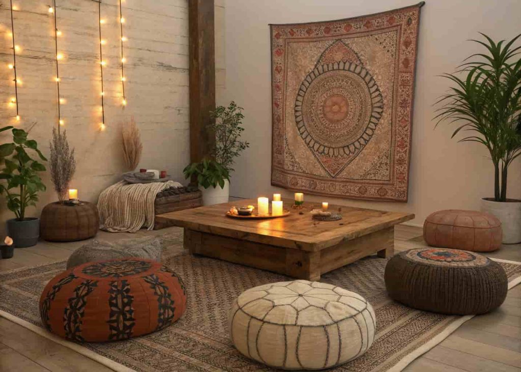Cozy bohemian floor seating area with Moroccan poufs, large floor cushions, and a low wooden table surrounded by candles and plants