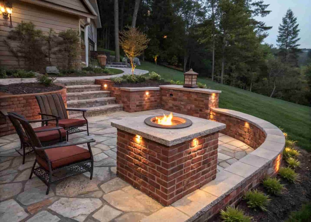 A classic red brick fire pit raised on a concrete plinth in a sloped backyard, surrounded by a stone patio and warm evening lighting.