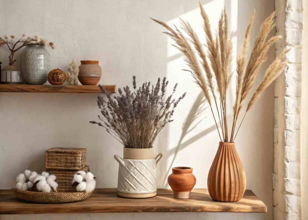Bohemian shelf styled with dried pampas grass, lavender, and cotton branches in earthy ceramic vases in warm natural light