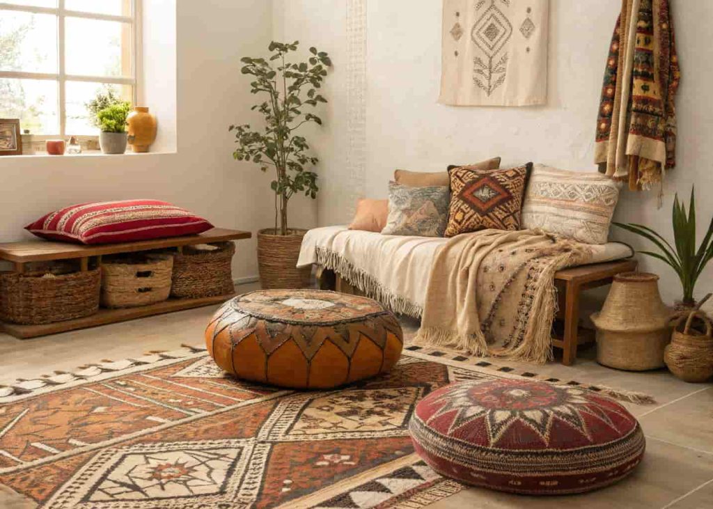 Bohemian living space filled with global textiles including Indian block print cushions, a Turkish kilim, and an African mud cloth throw