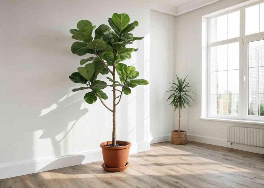 A tall fiddle leaf fig tree in a simple terracotta pot sitting in the corner of a bright minimalist living room, white walls, wooden floor, natural light, green leaves standing out as the only real color in the space