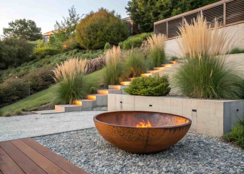 A weathered corten steel fire bowl resting on a gravel pad in a sloped modern backyard, surrounded by tall ornamental grasses and natural landscaping.