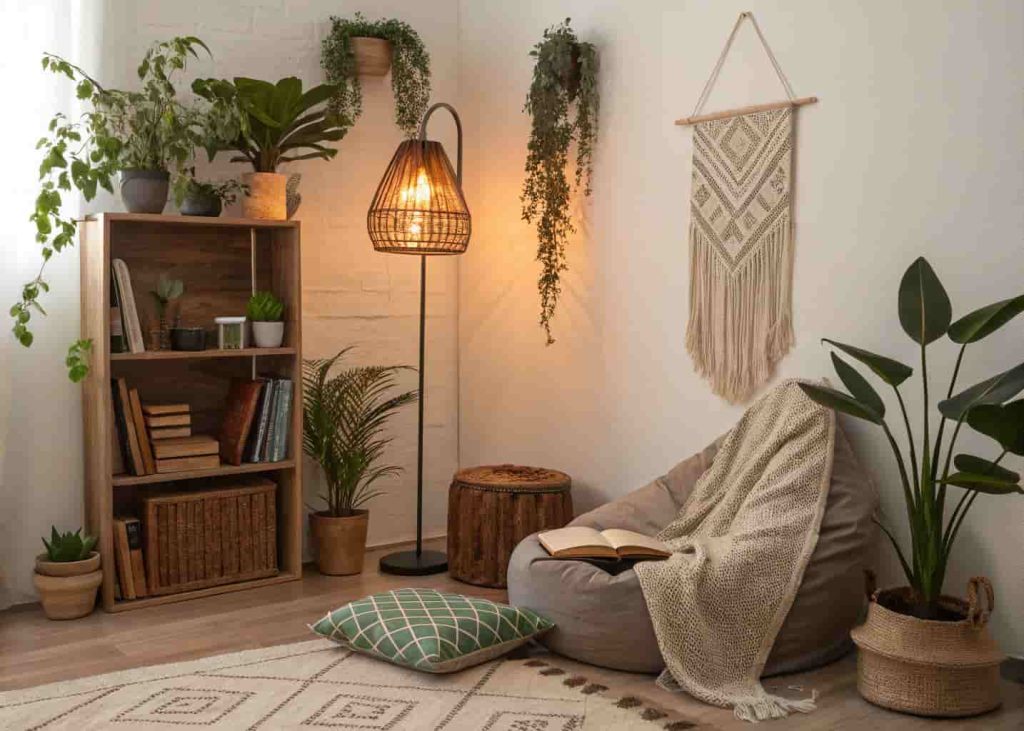 Cozy bohemian reading nook in a corner with a floor cushion, small bookshelf, floor lamp with warm light, surrounding plants, throw blanket, candle, macramé wall hanging, earthy tones