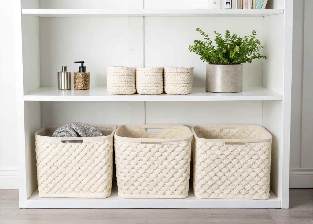 A minimalist open shelf with three identical cream woven baskets lined up neatly, a small plant, and one or two simple objects. Clean background, everything matching, organized and styled with intention.