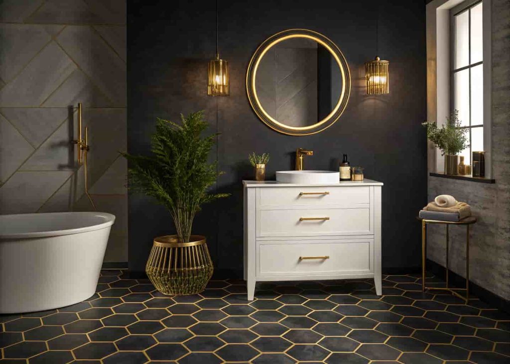 Neo Deco bathroom with black hexagonal tiles, gold grout, brass fixtures, and an oval brass mirror