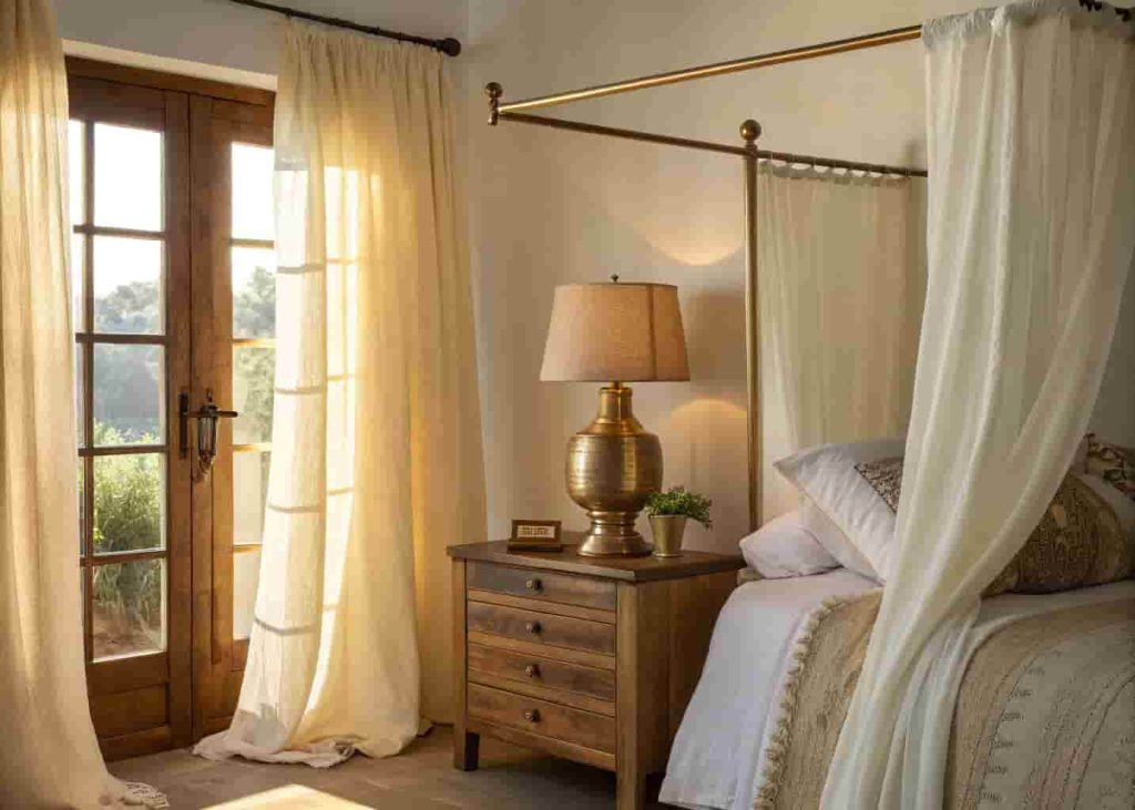 Serene bedroom with brass curtain rods holding flowing cream linen curtains with morning light catching the golden finish and a brass bedside lamp on a wooden nightstand