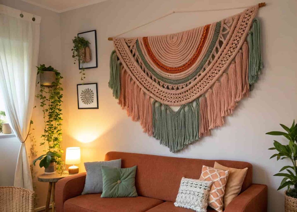 Colorful macramé wall hanging in pink, orange, and sage tones above a boho styled sofa