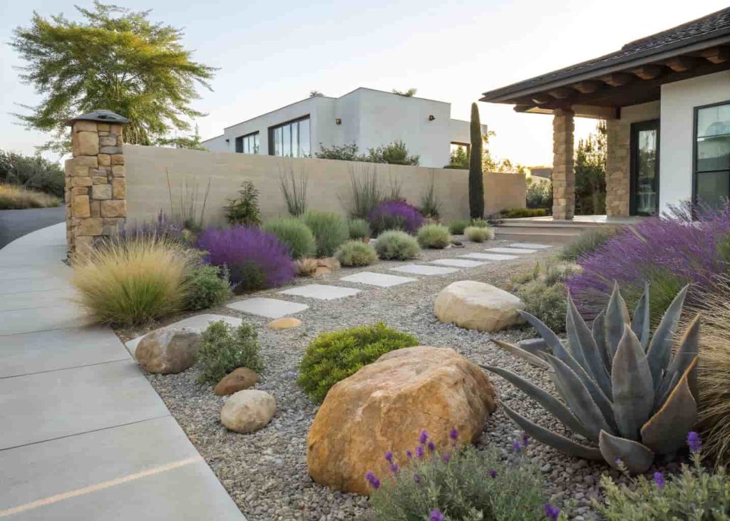 A stylish drought-tolerant garden with decorative gravel, lavender, ornamental grasses, agave, and sculptural rocks, clean modern landscaping style, Mediterranean-inspired design, bright daylight photography