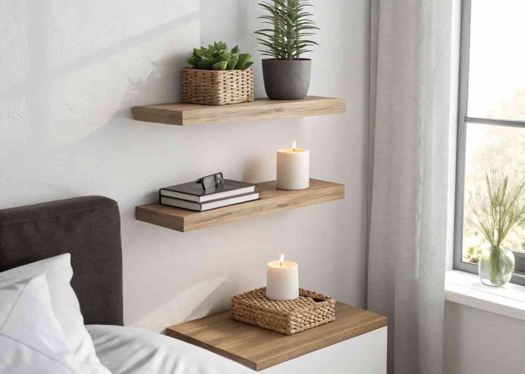 Minimal floating wooden shelves with a small plant, candle, and book against a white bedroom wall in soft natural light.