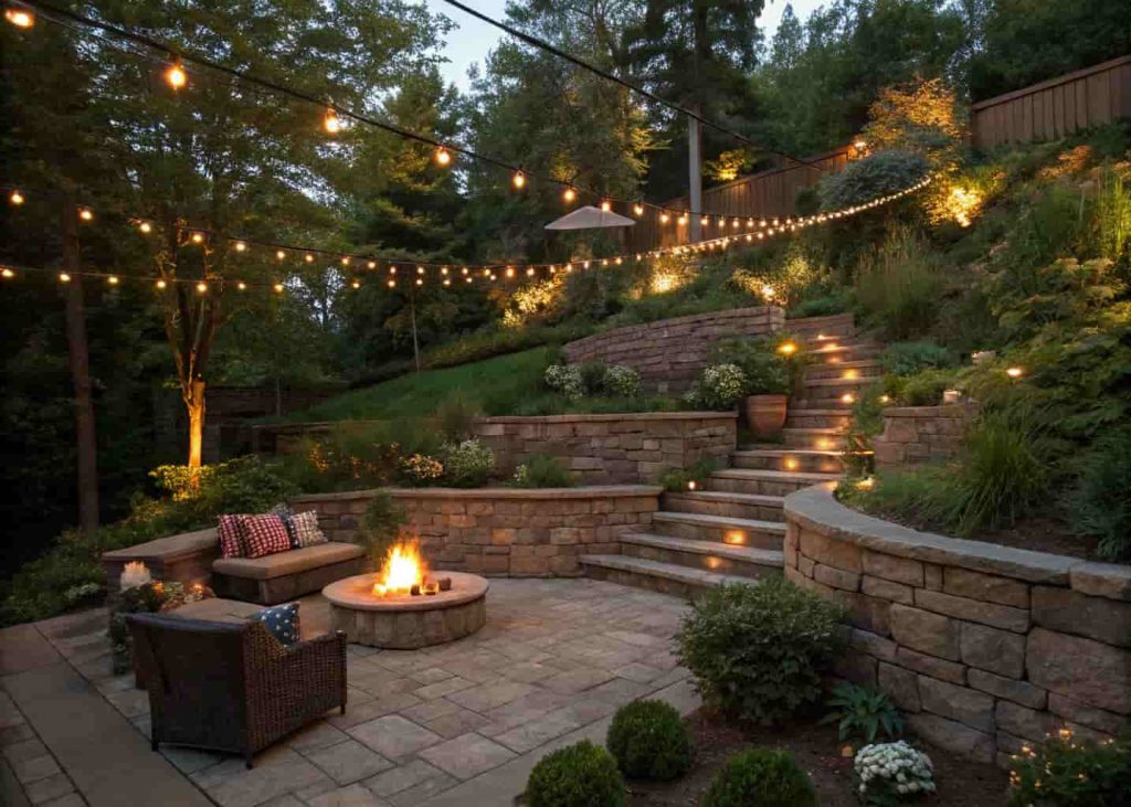 Cozy fire pit nook tucked into stepped garden walls on a sloped backyard, cascading plants over stone walls, string lights, intimate seating, evening realistic photography"