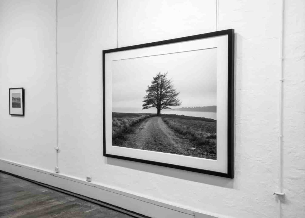 A single large framed black and white photograph hung centered on a plain white wall at eye level, simple thin black frame, lots of white space around it on all sides, minimalist and editorial look.