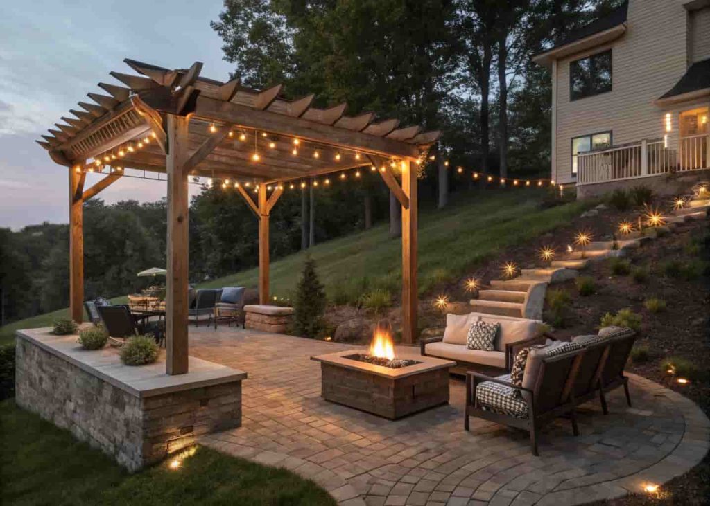A pergola-covered fire pit area on a leveled hillside pad with string lights overhead, a gas fire pit table below, and cozy outdoor furniture in the evening light.