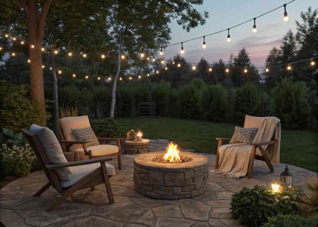 A backyard fire pit with chairs arranged around it in the evening