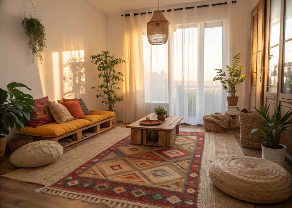 A bohemian living room featuring layered rugs with a kilim pattern on top of a jute base rug, surrounded by floor cushions and warm lighting in a modern apartment