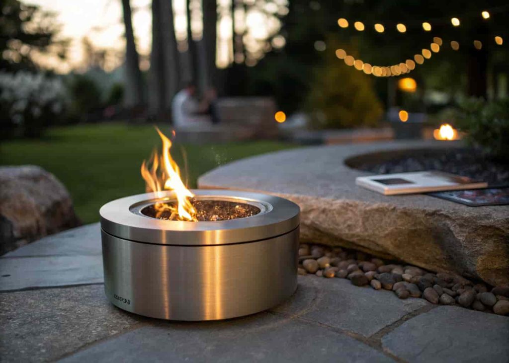 A stainless steel smokeless fire pit with a clean bright flame and no smoke