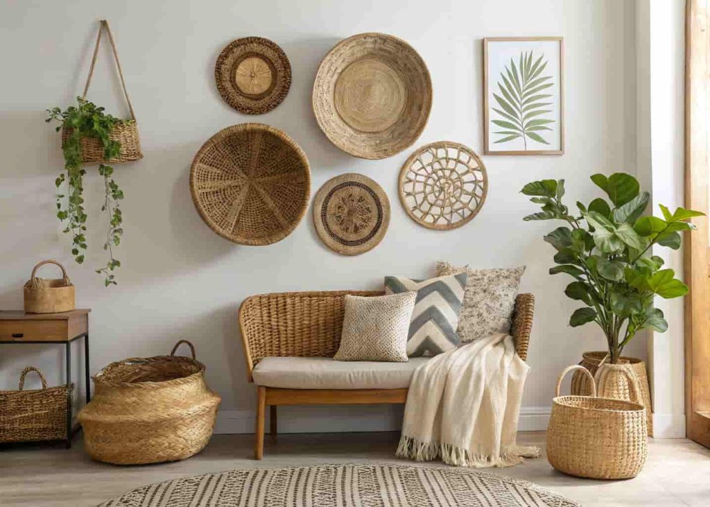 Five handwoven seagrass baskets of varying sizes arranged in a gallery-style cluster on a white living room wall