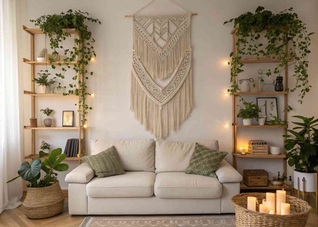 Large handmade macramé wall hanging in natural cotton displayed above a linen sofa in a cozy boho apartment living room with trailing plants