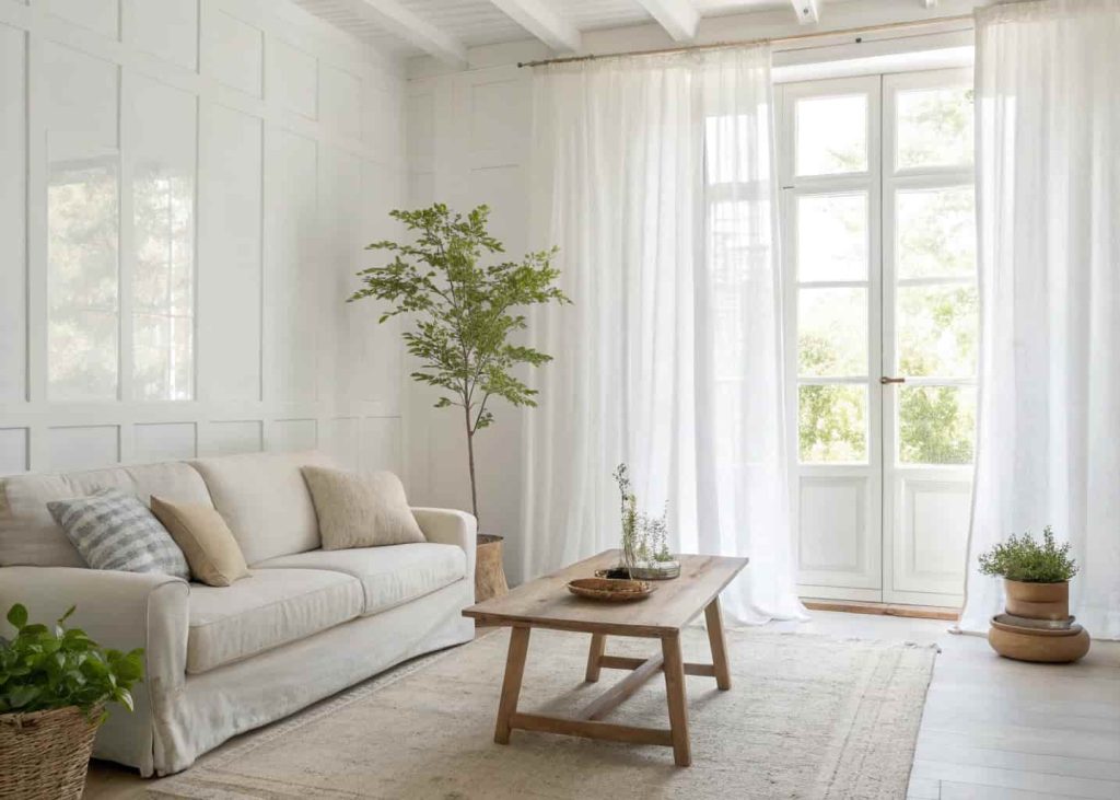 A bright, airy living room with white walls, soft natural light coming through sheer curtains, a simple linen sofa, a single low wooden coffee table, and a small green plant in a clay pot — clean, calm, and elegant with no clutter.