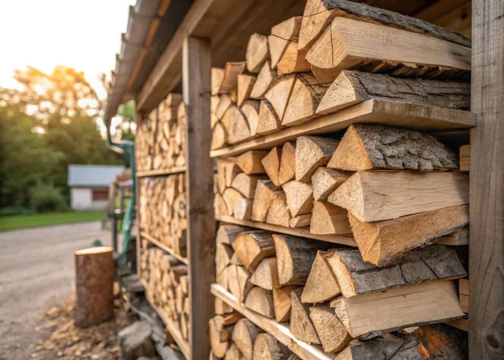 A stack of dry seasoned firewood with cracked ends showing it is ready to burn