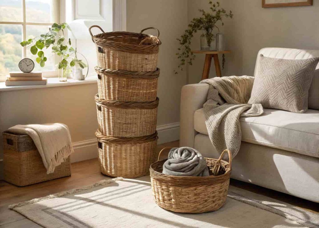 Three stacked handwoven rattan floor baskets in a cozy living room corner with a folded throw blanket inside